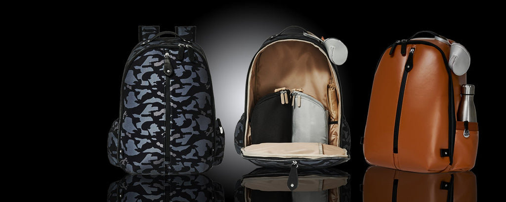 backpack baby bag in camo and tan with pods system to make it easier to keep organised