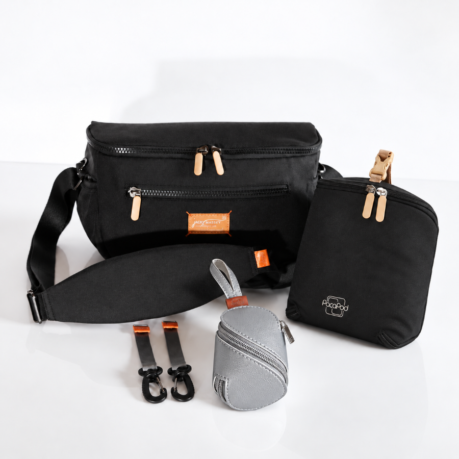A black multi-piece bag set from the brand Pouchd, including a large shoulder bag, a smaller zippered pouch, a gray coin purse, two black straps with orange accents, and a white background.