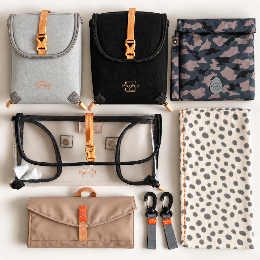 A flat-lay collection of six PicoBold travel pouches and accessories in various colors and patterns, including a light gray, black, and camouflage version, along with a clear organizer, a beige pouch, and two gray carabiners, all arranged neatly on a white background.