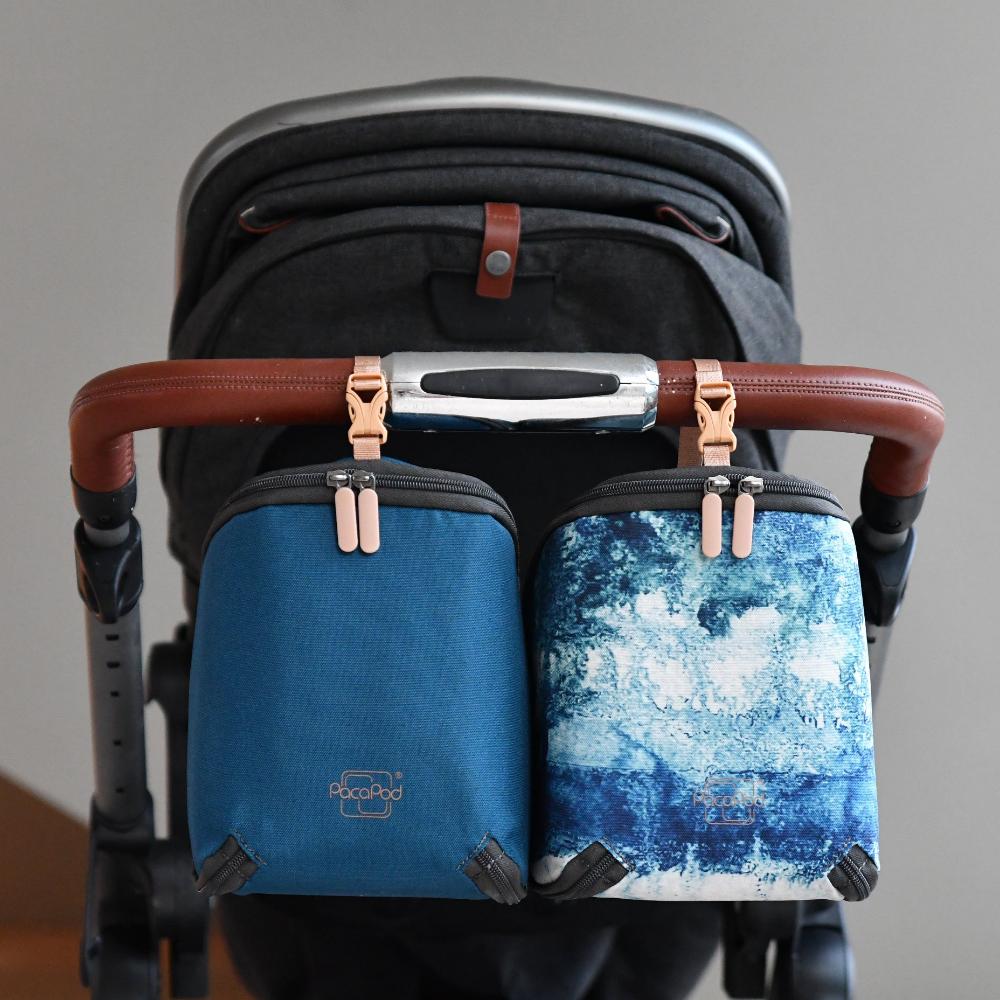 hague blue pods on pram handle