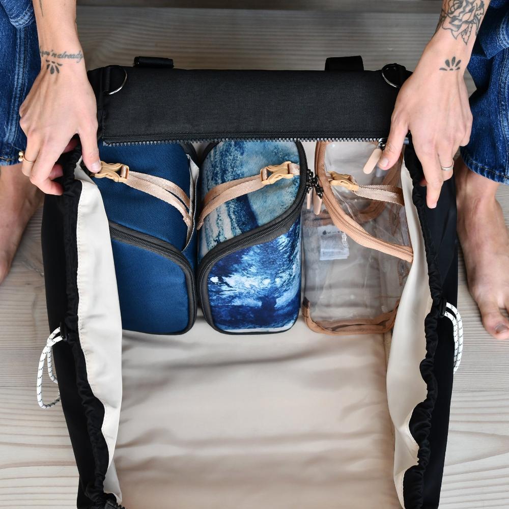 blue pods inside landing platform of bag