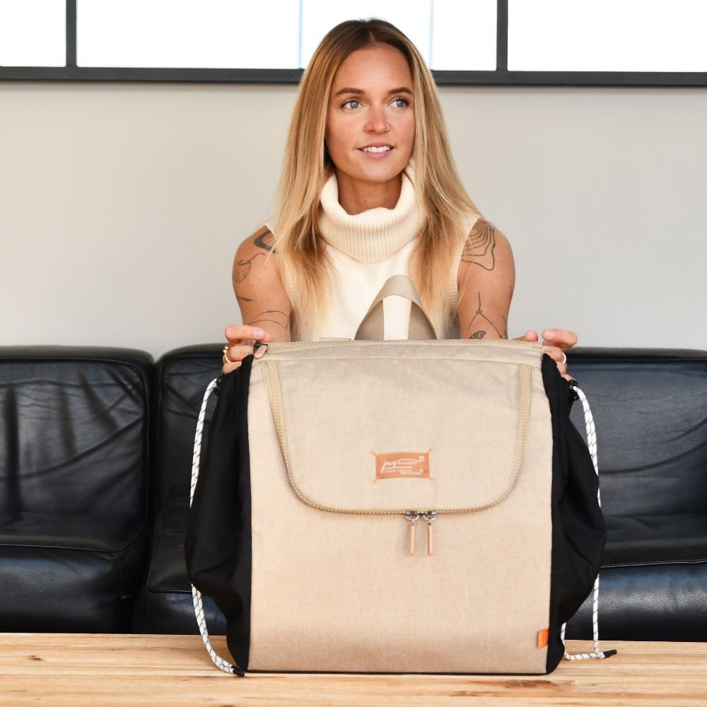 jacapod backpack in sesame with model