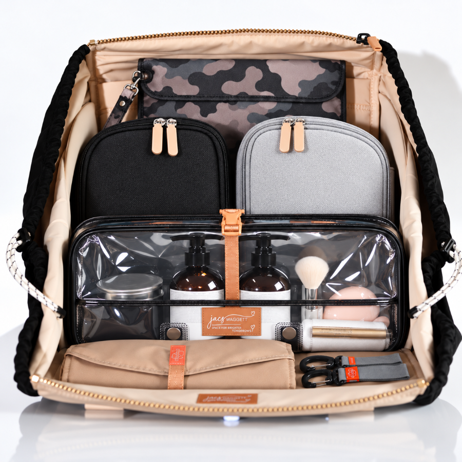 An open beige and black backpack organizer filled with travel and makeup accessories, including a camouflage pouch, black and gray zip cases, clear plastic toiletry bags, bottles, brushes, and a beige pouch, photographed on a clean white background.
