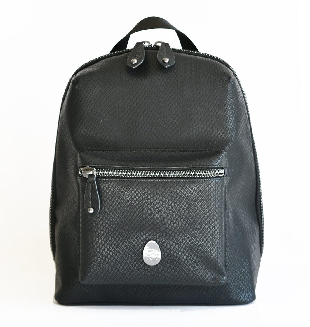 front view of changing bag with black croc vegan leather and pewter hardware