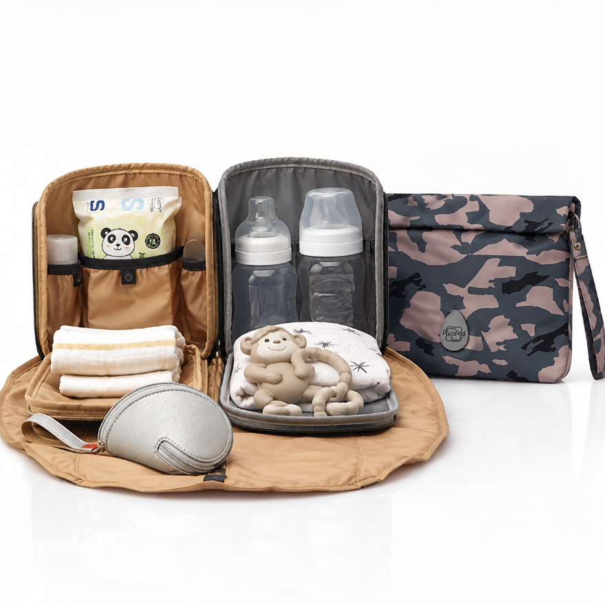 A baby travel diaper bag set displayed open and closed on a white studio background. The set includes a camouflage-patterned main bag, a tan interior organizer panel with pockets, two clear baby bottles, folded cream wipes, a gray zippered pouch, a plush monkey toy, and a small white cloth item.