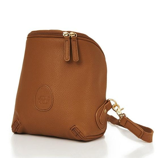 Front image of the Freedom Pod in tan oak zipped up with part of the backpack strap showing