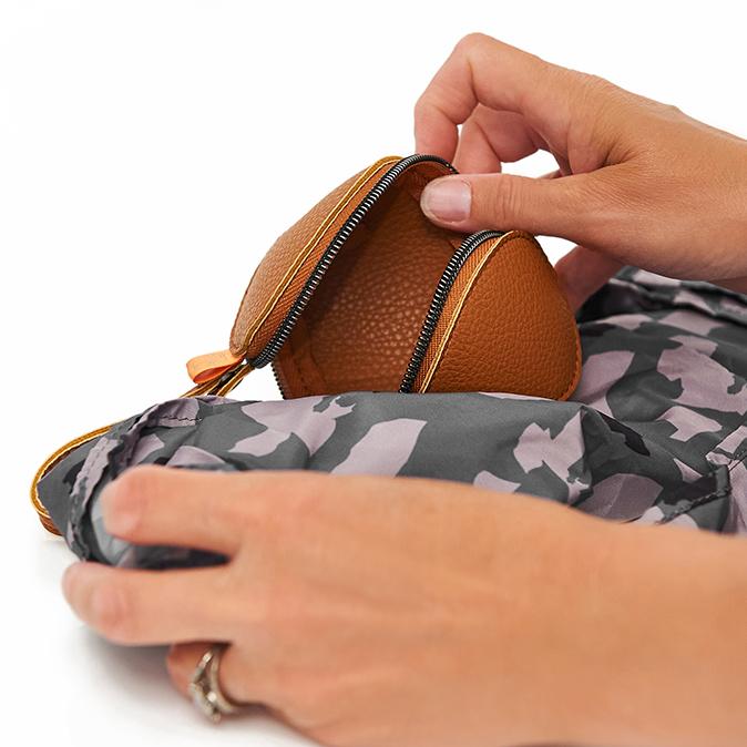 Tan case partially open on top of the camo pacsac with a woman's hands in view