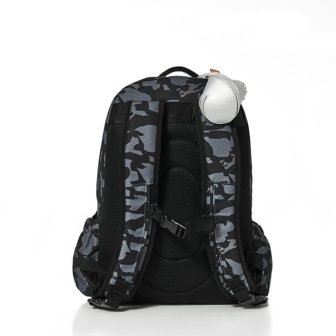 Back of the Picos Pack camo to show padded backpack straps and mini pod in silver attached