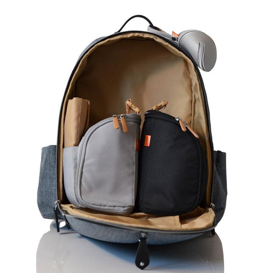 View inside the bag from the front unzipped to show the black and grey pods inside