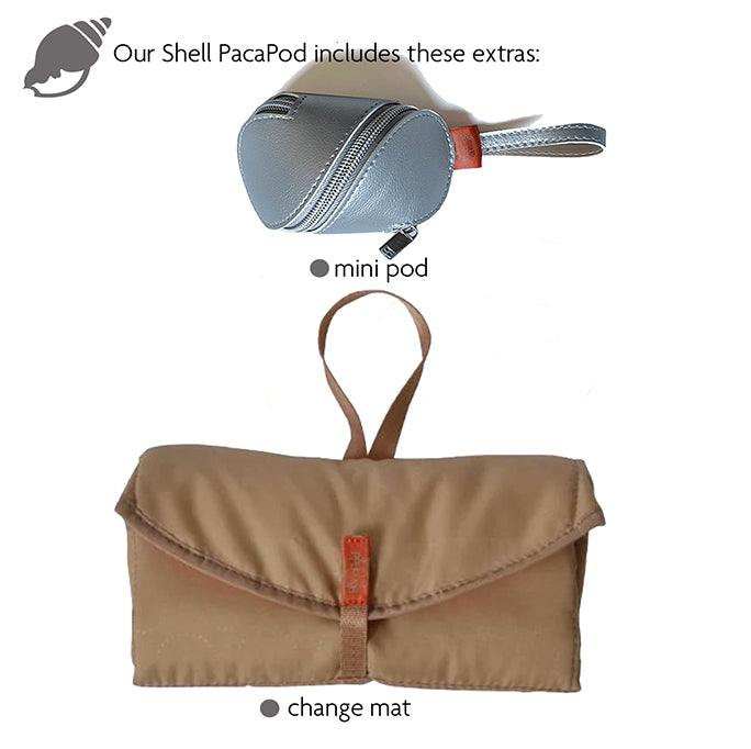images shows the accessories that you get when you purchase a shell bag, you get a mini pod for a dummy or face mask and a padded, washable changing mat for your baby